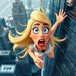 A 3D cartoon-style blonde woman with vibrant blue eyes and striking red lips, falling off a skyscraper with a frightened expression