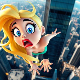 A 3D cartoon-style blonde woman with vibrant blue eyes and striking red lips, falling off a skyscraper with a frightened expression