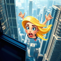 A 3D cartoon-style blonde woman with vibrant blue eyes and striking red lips, falling off a skyscraper with a frightened expression
