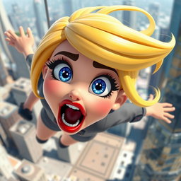 A 3D cartoon-style blonde woman with vibrant blue eyes and striking red lips, falling off a skyscraper with a frightened expression