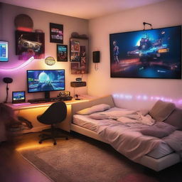 A multifunctional room with designated areas for sleep and gaming. Features a cozy bed, modern gaming equipment, a large flat screen TV, glowing LED lights, and gaming posters decorating the walls.