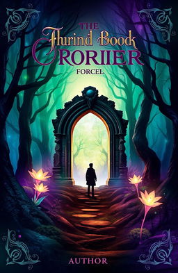 A captivating book cover design featuring a mystical forest with ethereal glowing plants and a mysterious, ancient stone archway at the center