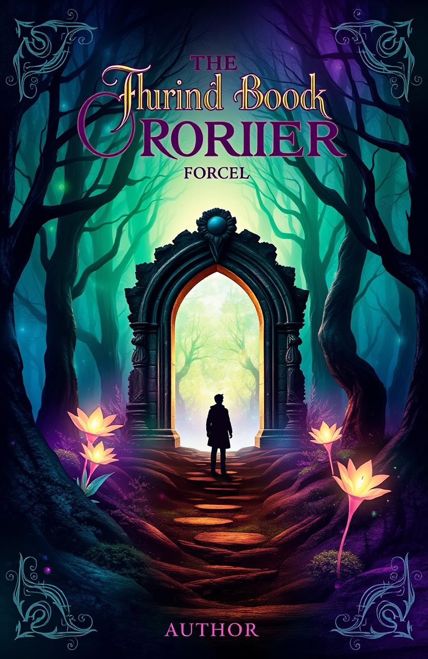 A captivating book cover design featuring a mystical forest with ethereal glowing plants and a mysterious, ancient stone archway at the center