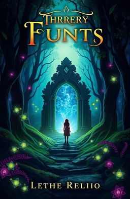 A captivating book cover design featuring a mystical forest with ethereal glowing plants and a mysterious, ancient stone archway at the center