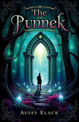 A captivating book cover design featuring a mystical forest with ethereal glowing plants and a mysterious, ancient stone archway at the center