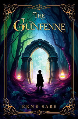 A captivating book cover design featuring a mystical forest with ethereal glowing plants and a mysterious, ancient stone archway at the center