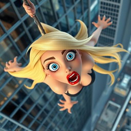 A sexy blonde 3D toon woman with striking blue eyes and vibrant red lips, captured mid-fall from a tall skyscraper