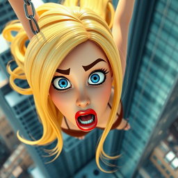 A sexy blonde 3D toon woman with striking blue eyes and vibrant red lips, captured mid-fall from a tall skyscraper