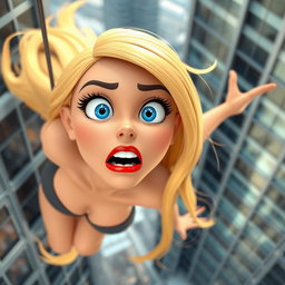 A sexy blonde 3D toon woman with striking blue eyes and vibrant red lips, captured mid-fall from a tall skyscraper