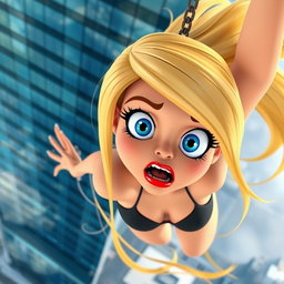 A sexy blonde 3D toon woman with striking blue eyes and vibrant red lips, captured mid-fall from a tall skyscraper