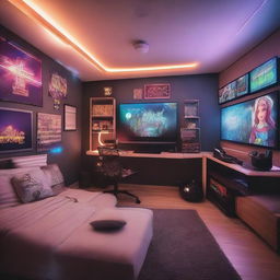 A multifunctional room with designated areas for sleep and gaming. Features a cozy bed, modern gaming equipment, a large flat screen TV, glowing LED lights, and gaming posters decorating the walls.