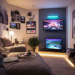 A multifunctional room with designated areas for sleep and gaming. Features a cozy bed, modern gaming equipment, a large flat screen TV, glowing LED lights, and gaming posters decorating the walls.