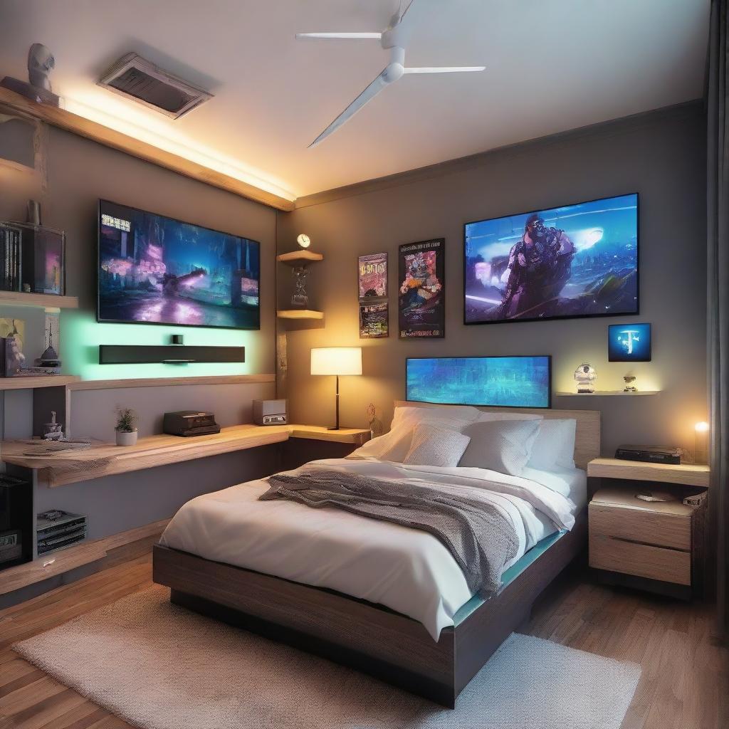 A multifunctional room with designated areas for sleep and gaming. Features a cozy bed, modern gaming equipment, a large flat screen TV, glowing LED lights, and gaming posters decorating the walls.
