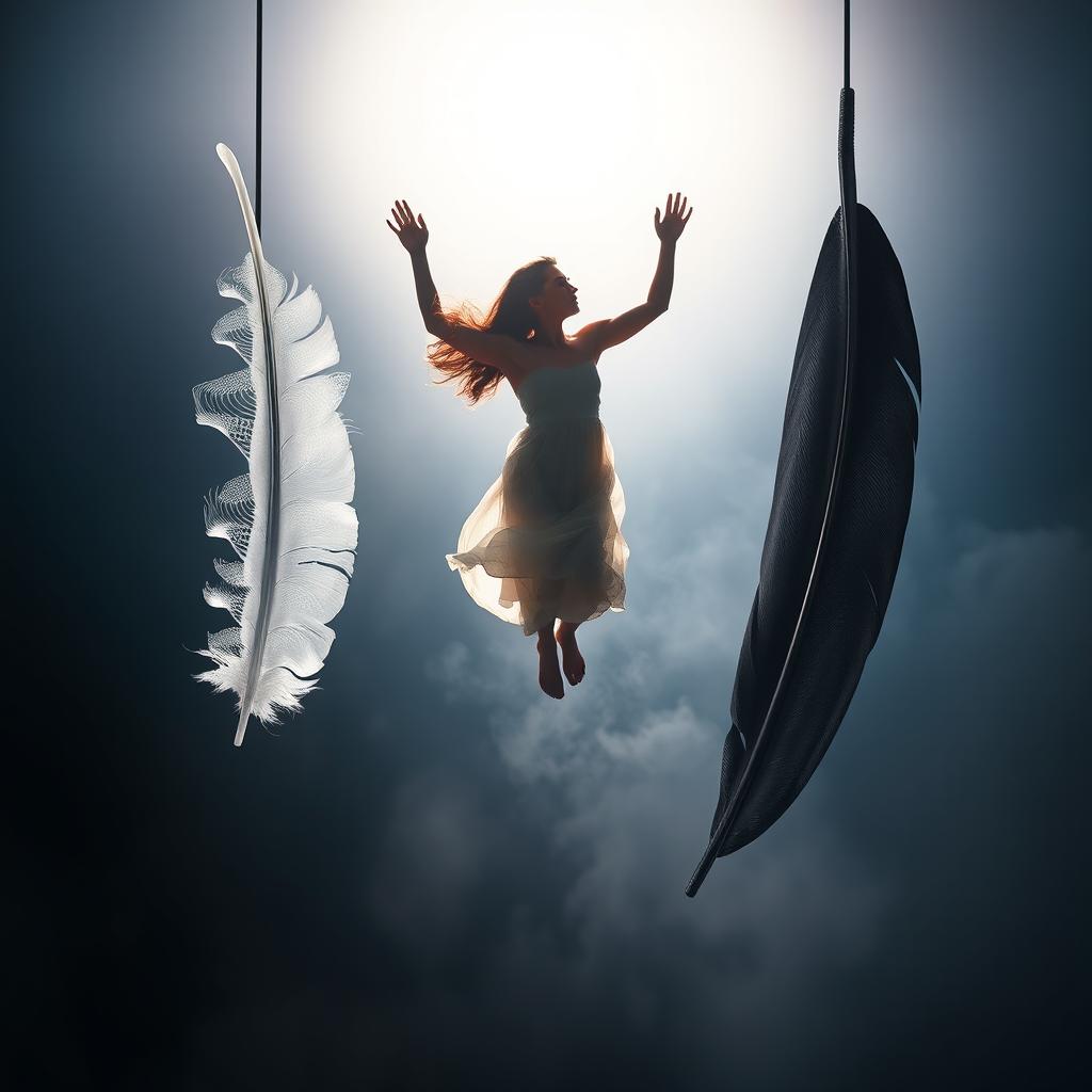 A dynamic scene featuring a woman suspended in mid-air, illuminated by a radiant backlight