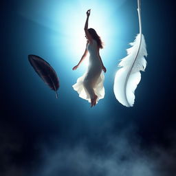 A dynamic scene featuring a woman suspended in mid-air, illuminated by a radiant backlight that enhances her figure