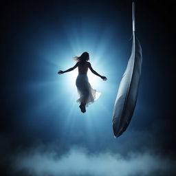 A dynamic scene featuring a woman suspended in mid-air, illuminated by a radiant backlight that enhances her figure
