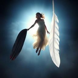 A dynamic scene featuring a woman suspended in mid-air, illuminated by a radiant backlight that enhances her figure