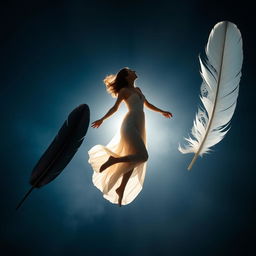 A dynamic scene featuring a woman suspended in mid-air, illuminated by a radiant backlight that enhances her figure