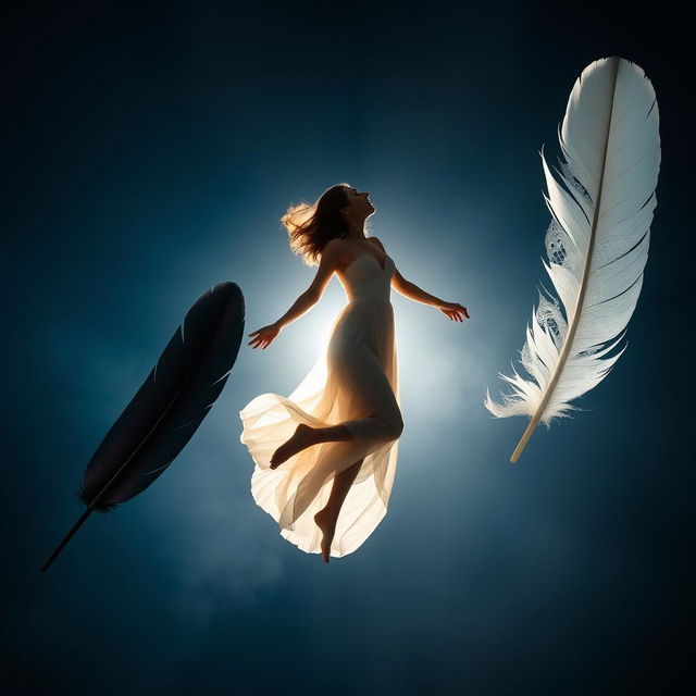 A dynamic scene featuring a woman suspended in mid-air, illuminated by a radiant backlight that enhances her figure