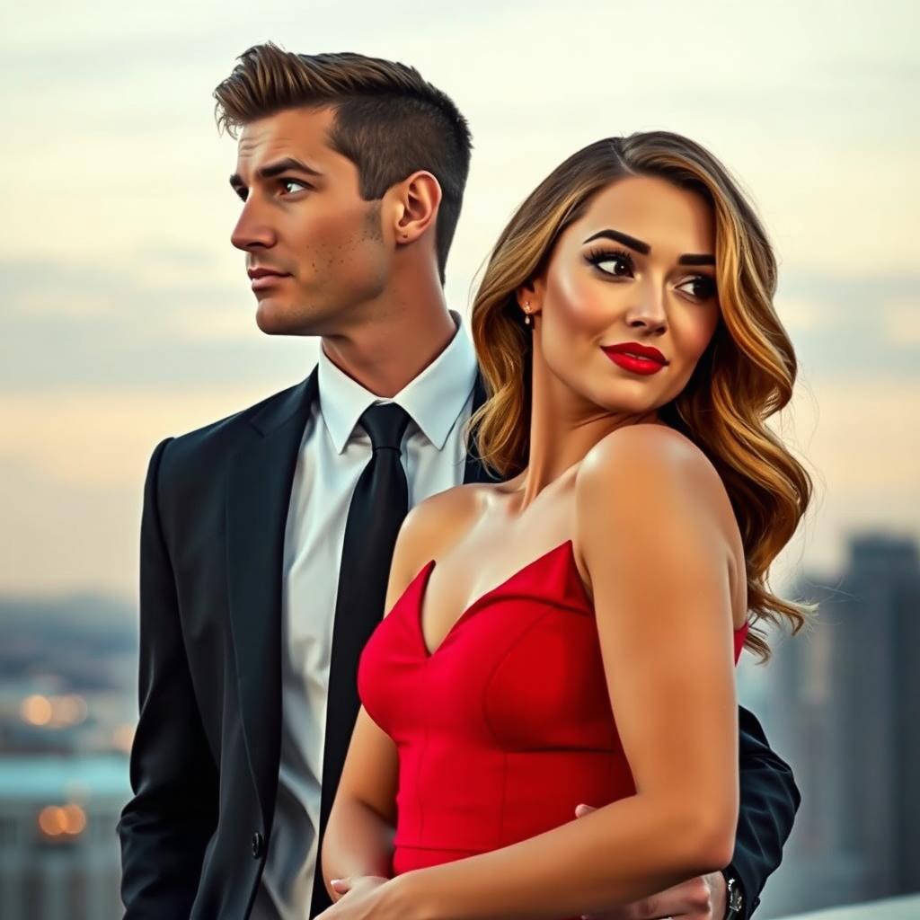 A close-up scene depicting two people, a man and a woman, standing side by side with a 1-inch gap between them