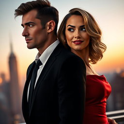A close-up scene depicting two people, a man and a woman, standing side by side with a 1-inch gap between them