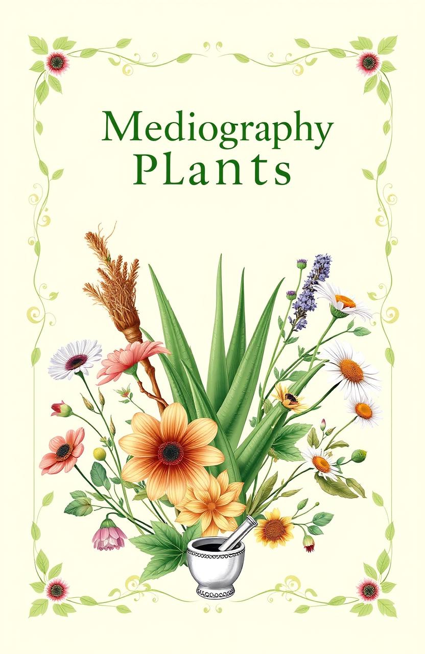 A beautifully designed cover for a monograph on medicinal plants, featuring a variety of vibrant and detailed illustrations of herbal plants such as ginseng, aloe vera, and chamomile