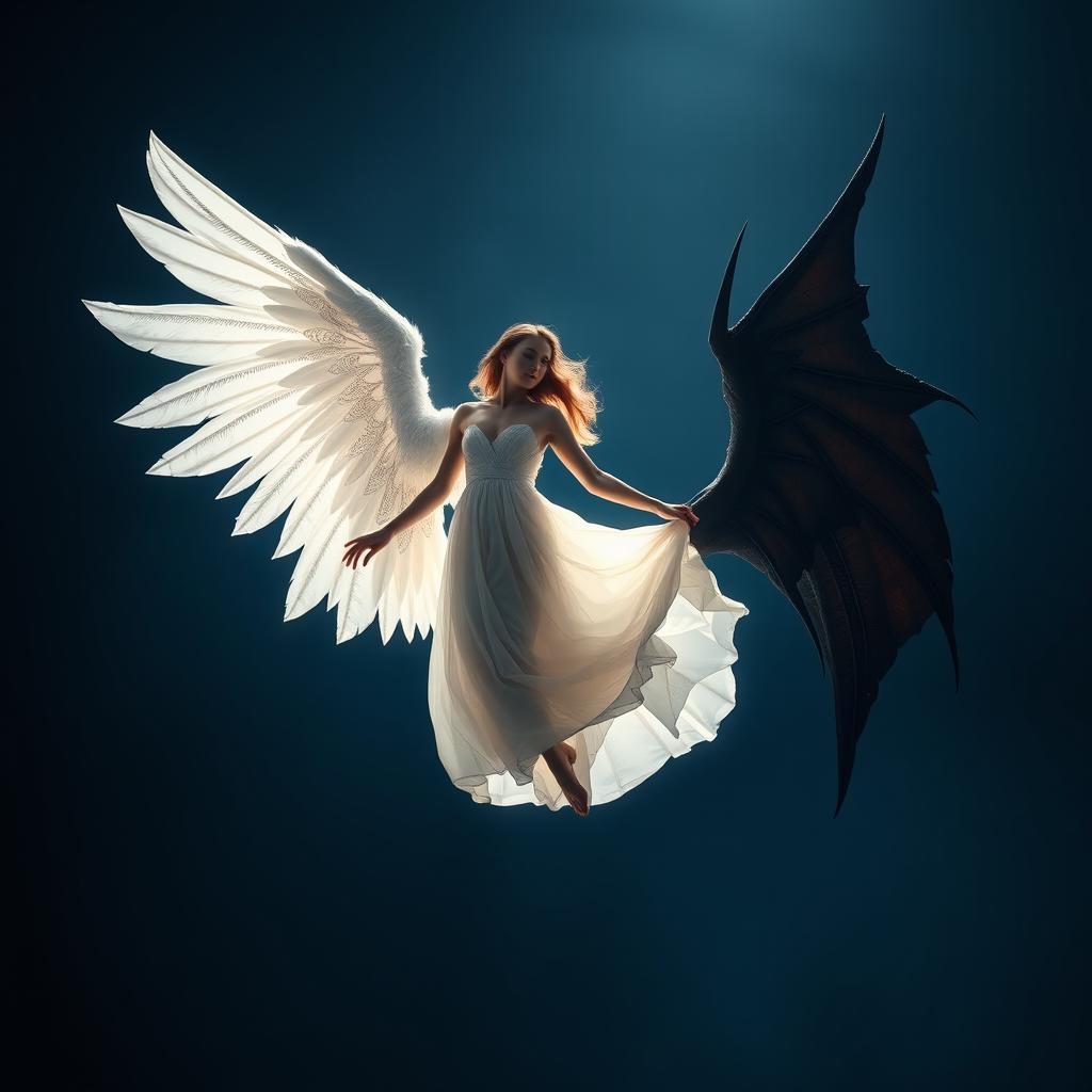 A captivating scene of a woman suspended in mid-air, illuminated by a soft, celestial backlight that enhances her graceful floating pose