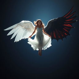 A captivating scene of a woman suspended in mid-air, illuminated by a soft, celestial backlight that enhances her graceful floating pose