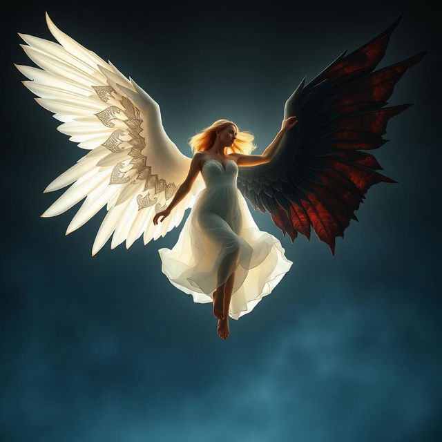 A captivating scene of a woman suspended in mid-air, illuminated by a soft, celestial backlight that enhances her graceful floating pose