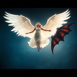 A captivating scene of a woman suspended in mid-air, illuminated by a soft, celestial backlight that enhances her graceful floating pose