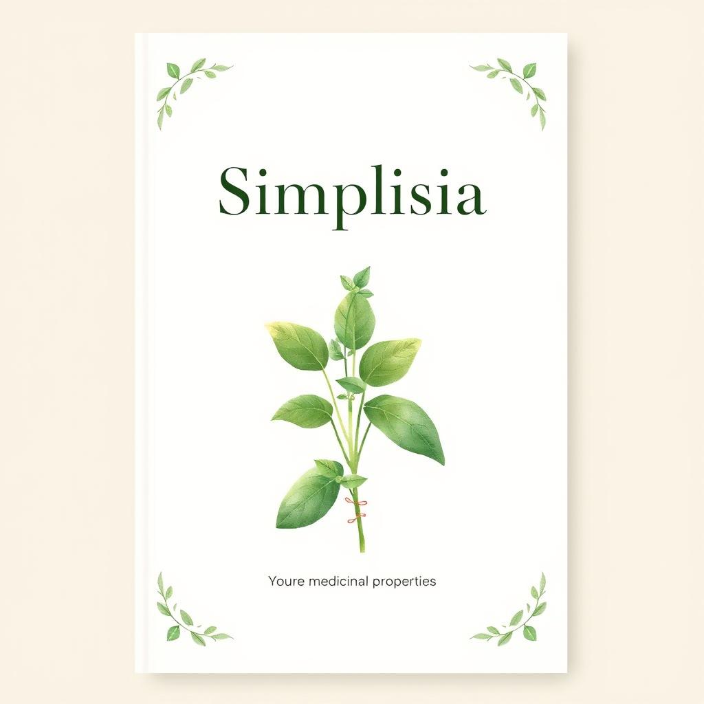 A minimalistic yet elegant cover design for a publication on simplisia, featuring a central illustration of a sprig of herbal plants, such as mint or basil, artistically rendered in watercolor style