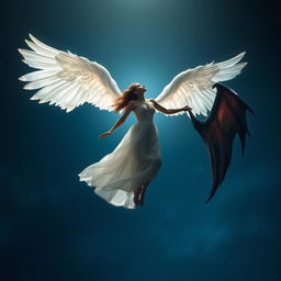 A mesmerizing scene of a woman suspended in mid-air, illuminated by a soft, celestial backlight that enhances the ethereal quality of her graceful floating