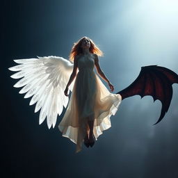 A mesmerizing scene of a woman suspended in mid-air, illuminated by a soft, celestial backlight that enhances the ethereal quality of her graceful floating