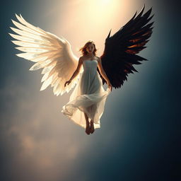 A mesmerizing scene of a woman suspended in mid-air, illuminated by a soft, celestial backlight that enhances the ethereal quality of her graceful floating