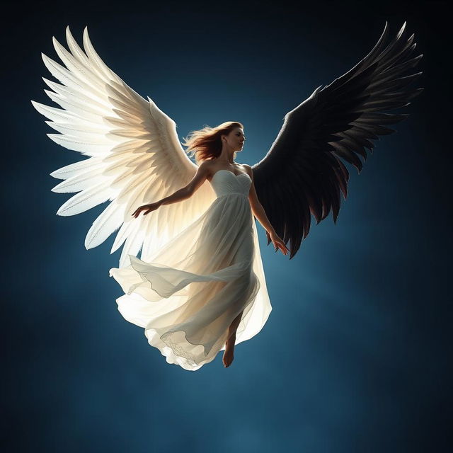 A mesmerizing scene of a woman suspended in mid-air, illuminated by a soft, celestial backlight that enhances the ethereal quality of her graceful floating