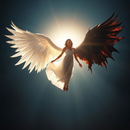 A breathtaking scene of a woman suspended in mid-air, bathed in a soft, celestial backlight that accentuates her ethereal presence