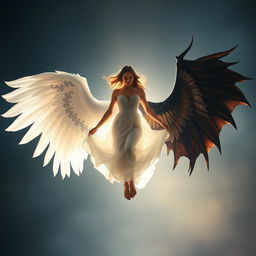A breathtaking scene of a woman suspended in mid-air, bathed in a soft, celestial backlight that accentuates her ethereal presence