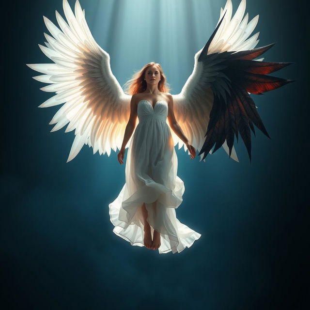 A breathtaking scene of a woman suspended in mid-air, bathed in a soft, celestial backlight that accentuates her ethereal presence