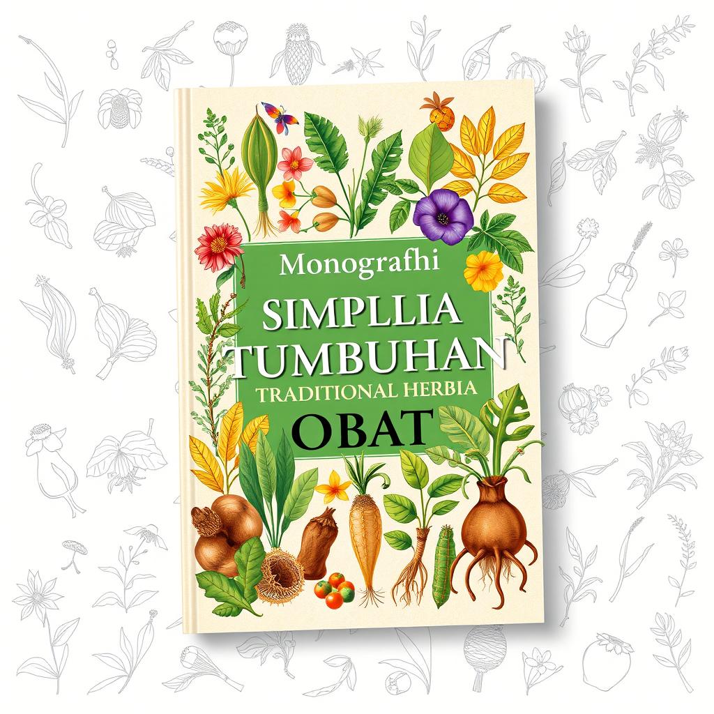 A stunning book cover for a monograph titled 'Monografi Simplisia Tumbuhan Obat', showcasing a variety of medicinal plants used in traditional herbal medicine