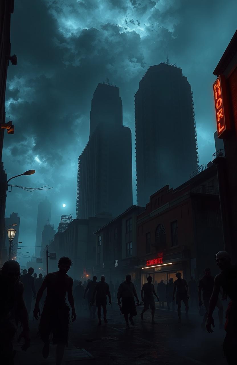 A dark, atmospheric cityscape overrun by zombies