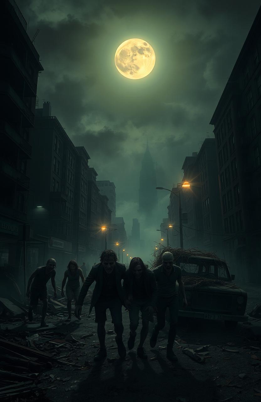 A chilling, dark cityscape under a moonlit sky, featuring abandoned buildings and streets overrun by zombies