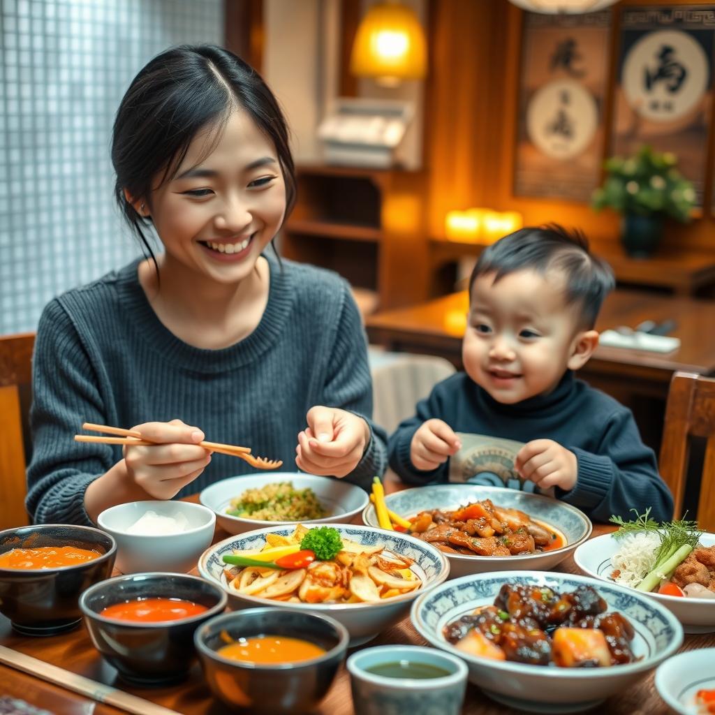 A warm and joyful indoor setting featuring a young-looking mother and her child enjoying a delightful Korean meal together