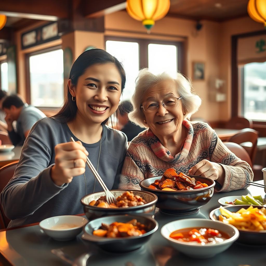 A joyful scene of a 40-year-old woman and her 67-year-old mother enjoying a delicious Korean meal together in a cozy restaurant setting in Busan, South Korea