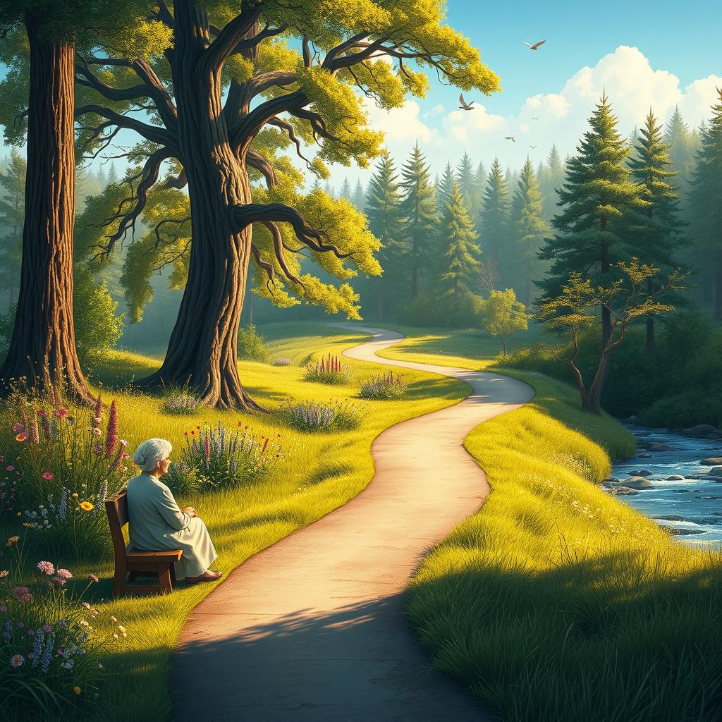 A serene landscape illustrating the essence of life experience, featuring a winding path through a lush forest, symbolizing the journey of life