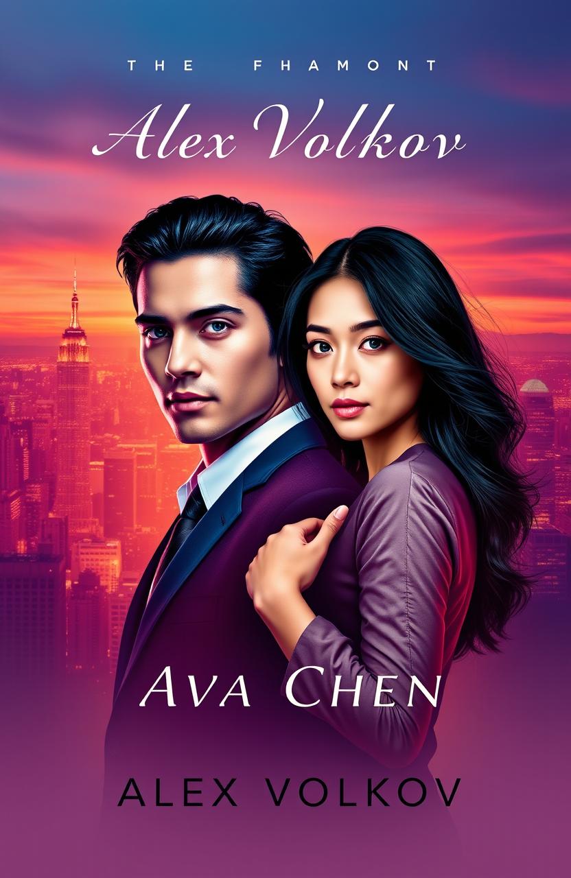 A vibrant and modern book cover design featuring the characters Alex Volkov and Ava Chen, inspired by a contemporary romance theme
