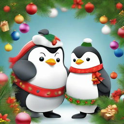 Two endearing penguins celebrating Christmas, with vibrant holiday decorations around and joyful expressions.