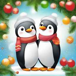 Two endearing penguins celebrating Christmas, with vibrant holiday decorations around and joyful expressions.