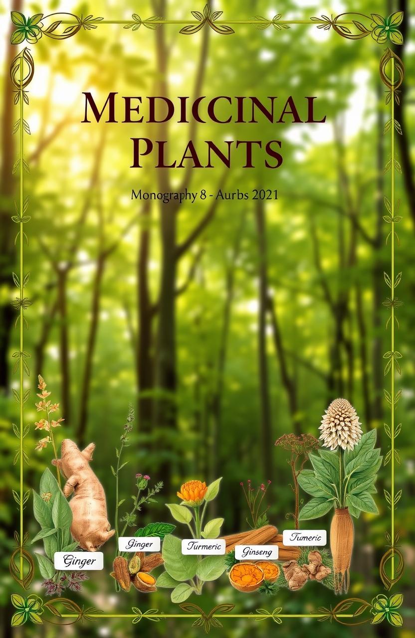 A beautifully designed monograph cover featuring various medicinal plants showcased in a natural setting