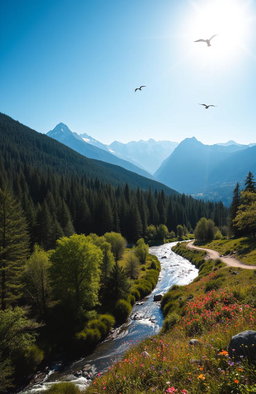 A breathtaking landscape featuring a lush green forest under a bright blue sky