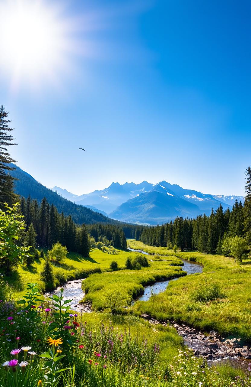 A breathtaking landscape featuring a lush green forest under a bright blue sky